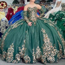 Green Shiny Quinceanera Dresses With Gold Appliques Lace Beads Lace-Up Long Sleeves Corset Prom Sweet 16 Vestido De 15 Anos