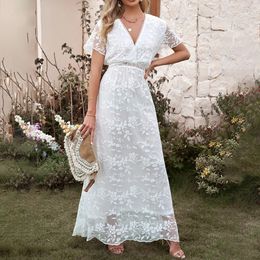 White lace long dress womens embroidered elegant dress womens hollow casual beach dress womens V-neck short sleeved Bohemian dress 240223