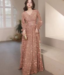 Long Sleeve Evening Dress Elegant V-Neck A-Line Floor-Length Sparkly Sequin Women Formal Gowns For Engagement Party Robe De Soiree