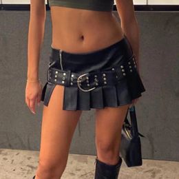 skirt Sexy Pu Leather Aline Pleated Mini Skirt Black Dropped Waist Slit Supershort SKirts With Belt Women Punk Streetwear