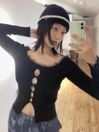 Women's T Shirts Korean Y2k Aesthetic Crop Top Sexy Hollow Out Knitted T-shirt Women Fairy Grunge Streetwear Harajuku Fur Patchwork Tee