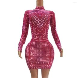 Stage Wear Sparkly Diamonds Peals Rose Red Long Sleeve Bodycon Sexy Short Dress Birthday Evening Singer Show Poshoot