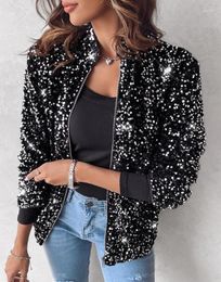 Women's Jackets For Women Spring Autumn Fashion Stand Collar Allover Sequin Casual Plain Long Sleeve Daily Zipper Jacket Coat