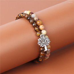 Charm Bracelets 2Pcs/Set Natural Crazy Agates Tiger Eye Stone 6mm Round Beaded Elastic Bracelet Energy Healing For Women Men