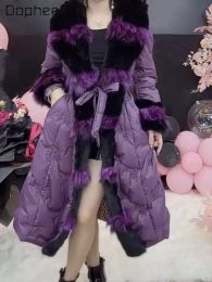 Fur Real Fox Fur Long Patchwork Belt Casual Coat for Women 2023 Winter New Fashion Big Fur Collar Mink Fur Down Jacket Female