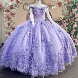 Lavender Quinceanera Dress Off Shoulder Appliques Flower Floral Lace Beading Tull Ball Gown Corset Sweet 16 Vestidos De 15 Anos