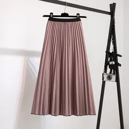 Skirts Fashion Women's Elastic Waist Pleated Solid Coffee Printing Mid-Length A-Line