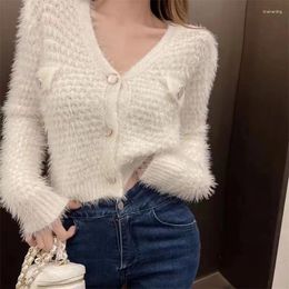 Women's Knits Hsa Women Winter Mohair Sweater Cardigans 2024 V-neck Button Elegant Korean Warm Thick Knit Jackets Short Top