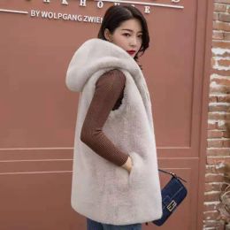 Fur New Fur Hooded Coat Long Sleeve Women Casual Loose Knitted Faux Jacket with Hood Female Natural Outwear for V148