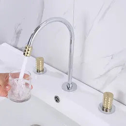 Bathroom Sink Faucets Brushed Gold Chrome Polished Brass Deck Mounted Dual Handle Three Hole Basin Mixer And Cold Water Tap Faucet