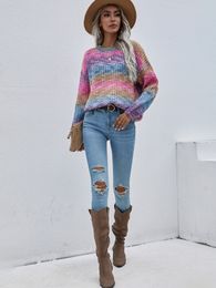 purple Women Sweater round Neck Long sleeves pullover Oversized Stitched sweater with loose-crocheted striped collar sweaters rainbow color