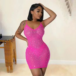 Casual Dresses Sexy Backless Mesh Mini Dress For Women Party Club Beaded Rhinestone V Neck Spaghetti Strap Sundress 2024 Summer