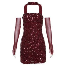 2024 Casual Dresses WOMENGAGA Wine Red Sexy Dress Style Sequin Hanging Neck Slim Solid Color Fashion Korean Women Tops