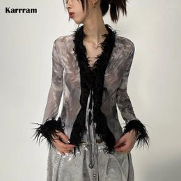 Women's Blouses Karrram Japanese Y2k Fur Shirt 2000s Aesthetics Dark Mesh Trashy Gothic Black Tie-dye Tassel Harajuku Sheer Tops