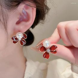 Stud Earrings Drip Oil Pearl Flower Petal For Women Korean Fashion Simple Party Jewellery