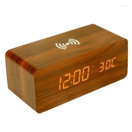 Wall Clocks Electronic Clock Mobile Phone Wireless Charging Wood LED Digital Sound Control Function Creative Decoration