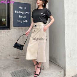 Skirts Skorts Women Clothes 2023 Spring Genuine Leather Falda Midi Mujer Sheepskin Beige High Waist A-line Maxi Skirt Front Slit Korean Style YQ240223