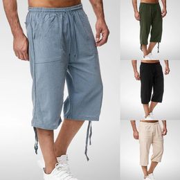 Summer Mens Casual Shorts 3XL Linen Cotton High Waist Bermuda Shorts Solid Plucking Sports Pants Blue Breeze with Pocket Pants 240223