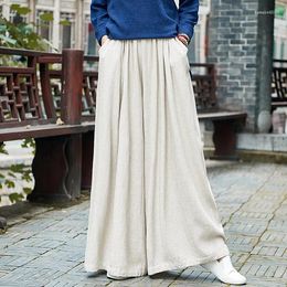 Women's Pants Women Autumn Loose Cotton Linen Elastic Waist Wide Leg Ladies Retro Let Trousers Female 2024 Spring Vintage