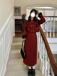 Two Piece Dress UNXX Red Small Fragrance Style Polo Neck Short Jacket - Elegant Two-piece Set For Women In Spring/Autumn High-end Long Skirt