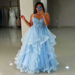 2024 Aso Ebi Light Sky Blue A-line Prom Dress Beaded Tulle Evening Formal Party Second Reception 50th Birthday Engagement Gowns Dresses Robe De Soiree ZJ73