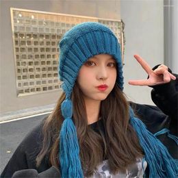 Berets Japanese Long Twist Knitted Beanie Winter Hat Solid Hip-hop Skullies Warm Ear Protection Bonnet Costume Accessory