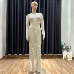 Casual Dresses European And American Sparkling Diamond One-word Collar Long-sleeved Slit Long Dress Grid AB Color See-through