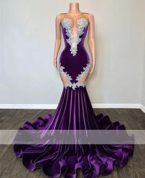 Sexy Lace Appliques Mermaid Black Girl Purple Prom Dress 2024 Velvet Sheer Mesh Beaded Formal Graduation Party Evening Gowns Robe De Bal 0223