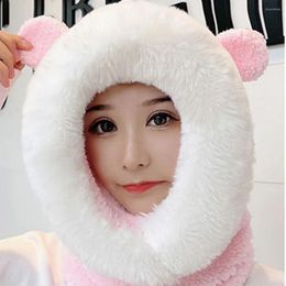 Berets Sports Cold-proof Neck Protector Niche Design Bear Ear Contrast Color Hat Scarf Set Bomber Women Winter Cap