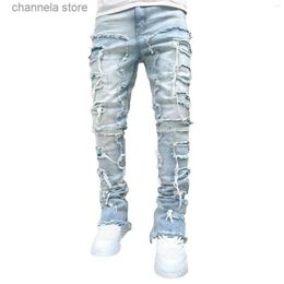 Мужские джинсы Мужские джинсы стандартной посадки с нашивками и потертостями, прямые джинсовые брюки, уличная одежда, повседневные джинсы T240223