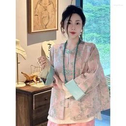 Ethnic Clothing WATER Chinese Traditional Tops For Women's Clothes Pink Long Sleeve Floral Printed Plate Button Modified Hanfu Top Vintage