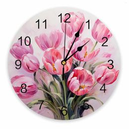 Wall Clocks Easter Pink Tulip Oil Painting Abstract Printed Clock Modern Silent Living Room Home Decor Hanging Watch