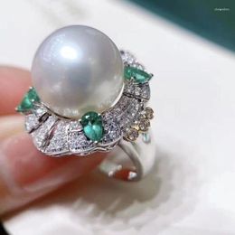 Cluster Rings Gorgeous 11-12mm True Natural South China Sea White Round Pearl Ring 925s.