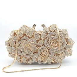 Evening Bags Dazzling Women Gold Rose Flower Hollow Out Crystal Metal Clutches Small Handbag Purse Wedding Clutch Bag Diamond262z