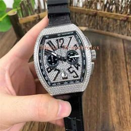 Top Yachting V45 Mens Watch VK Quartz Movement Tonneau 316L Stainless Steel Full Diamond Case Sapphire Crystal Leather Strap Wrist224S