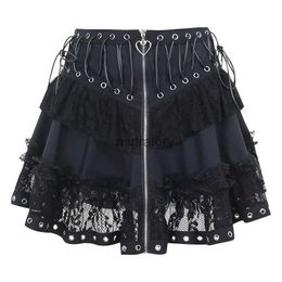 Skirts Skorts Japanese Style Kawaii Black Harajuku Gothic Skater Cosplay Mini Zipper Front Womens Punk Vintage High Wasit Skirt YQ240223