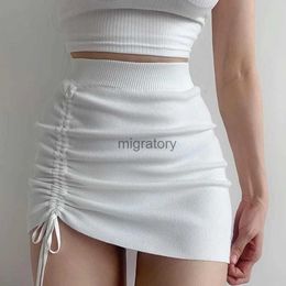 Skirts Skorts White High Waist Stretch Side Drawstring Skirt Women Club Slim knitted Short Sexy All-match Fashion Mini Black YQ240223