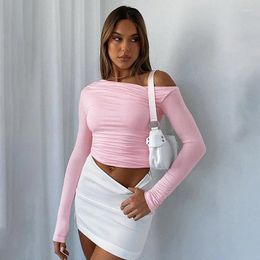 Women's T Shirts Diagonal Shoulder Asymmetrical Solid Colour Exposed Navel Top Long Sleeved Sexy Slim Fit Temperament T-shirt