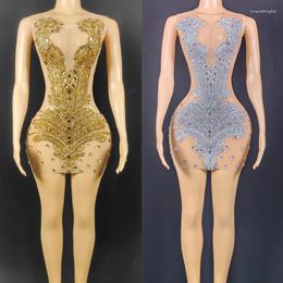 Stage Wear Sexy Gold Rhinestone Velvet Elastic Dress Nightclub Bar Dj Performance Costumes Women Gogo Dancers Festival DN16011