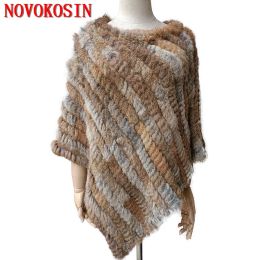 Fur Women Knit Real Rabbit Fur Striped Triangle Poncho Winter Out Street Wear Shawl Coat Batwing Sleeves Loose Pullovers Capes