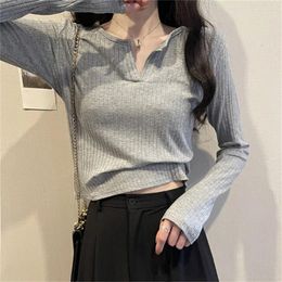 Women's T Shirts V-Neck Long-Sleeved T-shirt For Woman Spring Autumn Korean Slim Fit Crop Short Inner Base Shirt Casual Solid Colour Knit