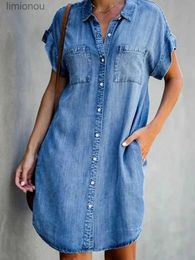 Urban Sexy Dresses Summer New Single Breasted Denim Shirt Dress Womens Casual Loose Pocket Simple Retro Commuter Female Office Denim Short Skirt 240223