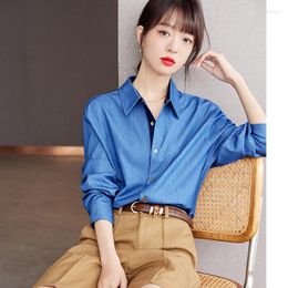 Women's Blouses French Style Vintage Long Sleeve Blue Shirt Women Tops Spring Autumn Office Lady Elegant Chic Loose Casual Denim B2628