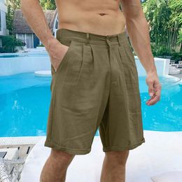 2024 Korean mens linen casual beach shorts cotton classic summer solid cargo shorts with button elastic waist 240223