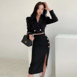 Spring Autumn Black Formal Sexy 2 Piece Outfit Short Set Women Ladies Clothes Cropped Suit Blazer Coat High Waist Slit Skirt 240219