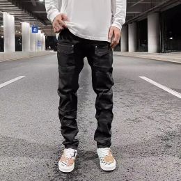 Pants Y2k Front Pocket Wax Pu Leather Pants for Men Straight Slim Casual Overall Ropa Hombre High Street Loose Cargos Oversized