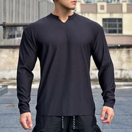 Men's T Shirts Solid Color V Neck Sports Texture Fabric Long Sleeve Top Suitable For Running Basketball Big Shirt Full Men