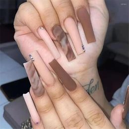 False Nails Warm Chocolate Color Long Ballerina Fake With Designs Autumn Winter French Coffin Nail Tips Set Press On