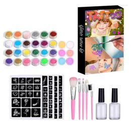 Tattoo Inks 30 Colours Set Waterproof Glitter 5 Brushes 2 Glues Kit For Temporary Kids Face Body DIY Decoration Art