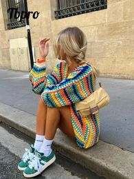 Colourful Striped Women Knitted Cardigan Fashion Rainbow Colour Long Sleeve Sweater Coats Autumn Female Streetwear Sweaters 240219